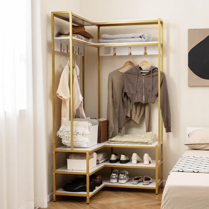Goflame Corner Coat Rack with Shoe Bench, L-shaped Garment Rack with 5 Shelves & 7 Hooks