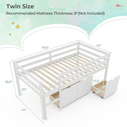 Goflame Twin Low Loft Bed with 3 Drawers, Wooden Loft Bed Frame with Ladder & Full-length Guardrails