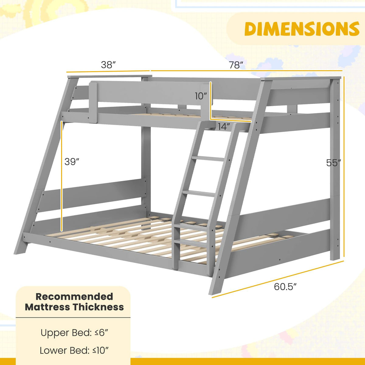 Goflame Wood Bunk Beds Twin Over Full Size, Solid Wood Floor Low Bunk Bed w/Removable Ladder