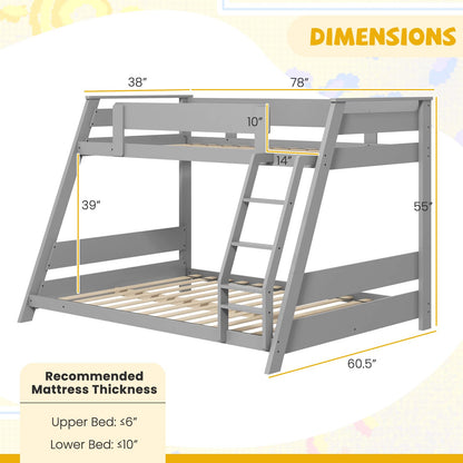 Goflame Wood Bunk Beds Twin Over Full Size, Solid Wood Floor Low Bunk Bed w/Removable Ladder