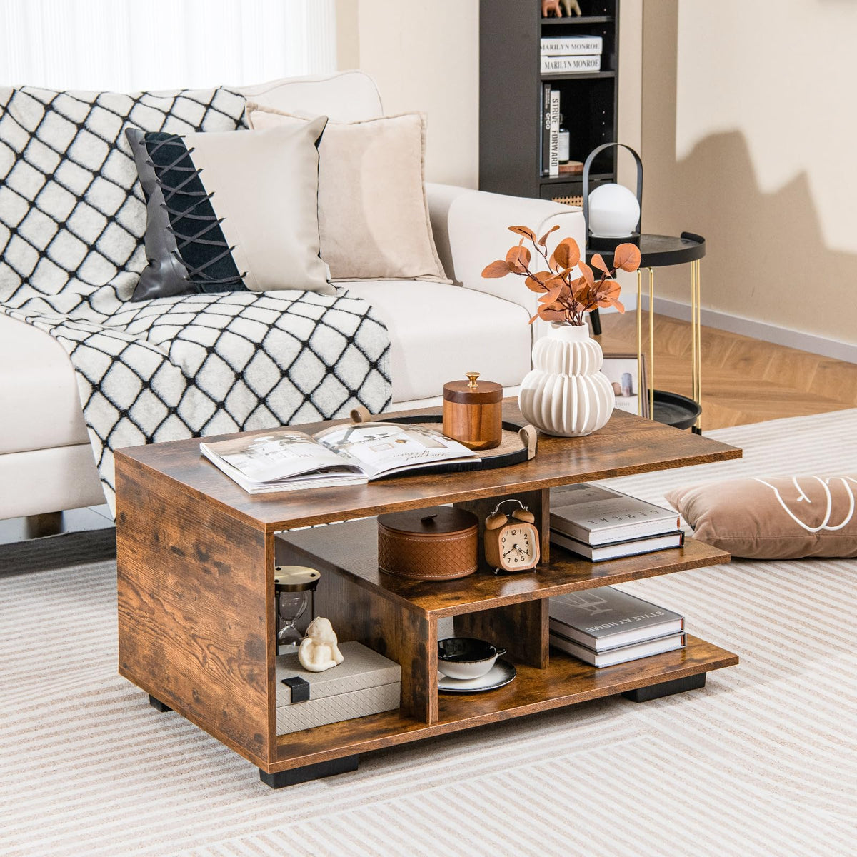 Goflame Coffee Table with Storage, Modern Rectangular Accent Table with L-shaped Middle Shelf