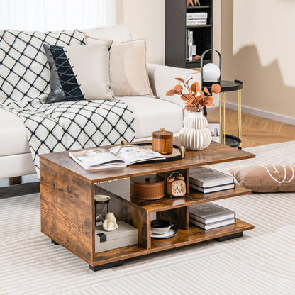 Goflame Coffee Table with Storage, Modern Rectangular Accent Table with L-shaped Middle Shelf