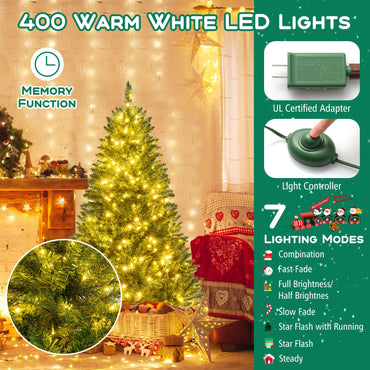 Goflame Pre-Lit Artificial Christmas Tree with 7 Lighting Modes & Folding Metal Stand