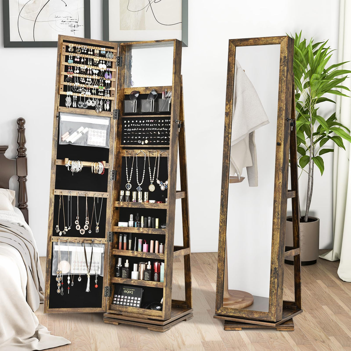 GOFLAME 360° Rotating Jewelry Armoire with Rear Storage Shelves