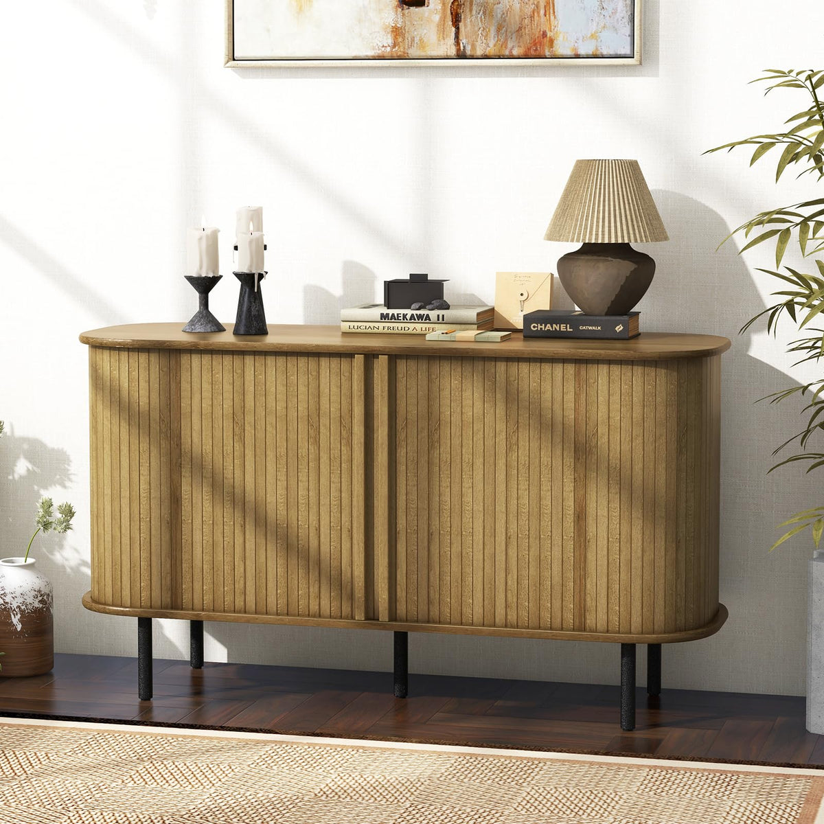 Goflame Kitchen Storage Cabinet, 47” Buffet Cabinet with Storage, Wooden Sideboard w/ 2 Sliding Tambour Doors
