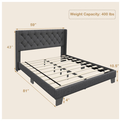 Goflame Queen/Full/Twin Size Bed Frame with Button Tufted Headboard, Modern Fabric Upholstered Platform Bed with Wingback Design, Grey