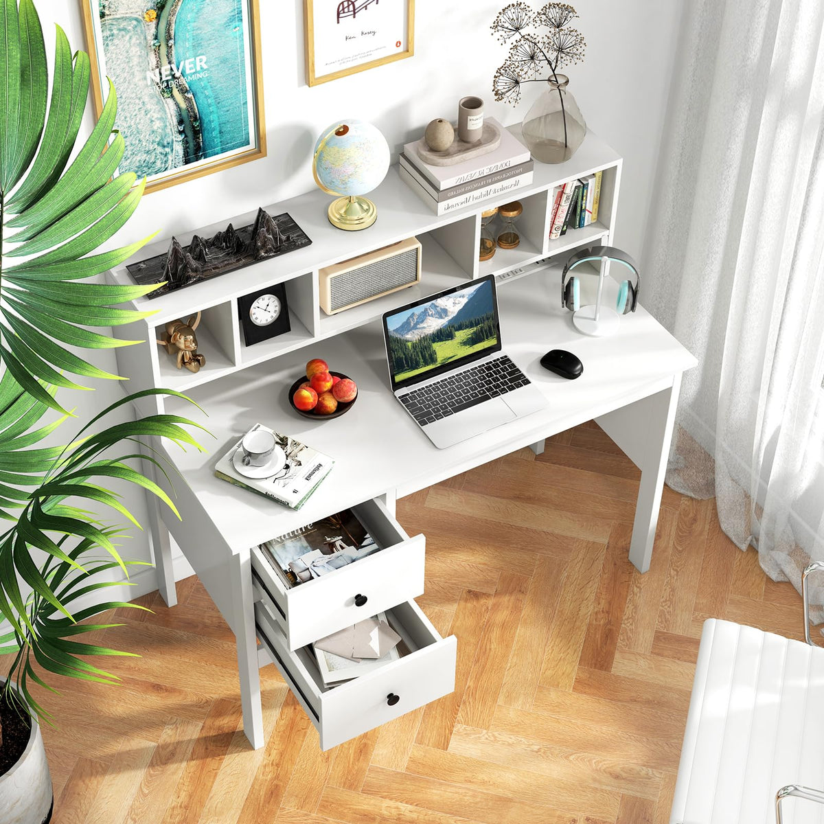 Goflame White Desk with Drawers and Power Outlet, 48" Home Office Computer Desk with 5-Cubby Hutch