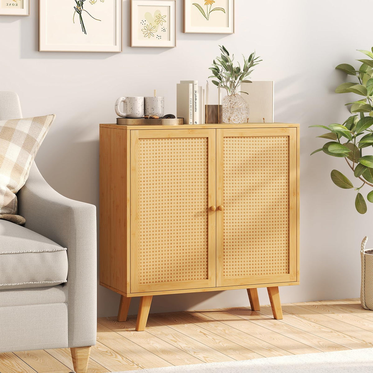 Goflame 2 Tier Bamboo Sideboard with PE Rattan Decorated Doors