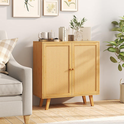 Goflame 2 Tier Bamboo Sideboard with PE Rattan Decorated Doors