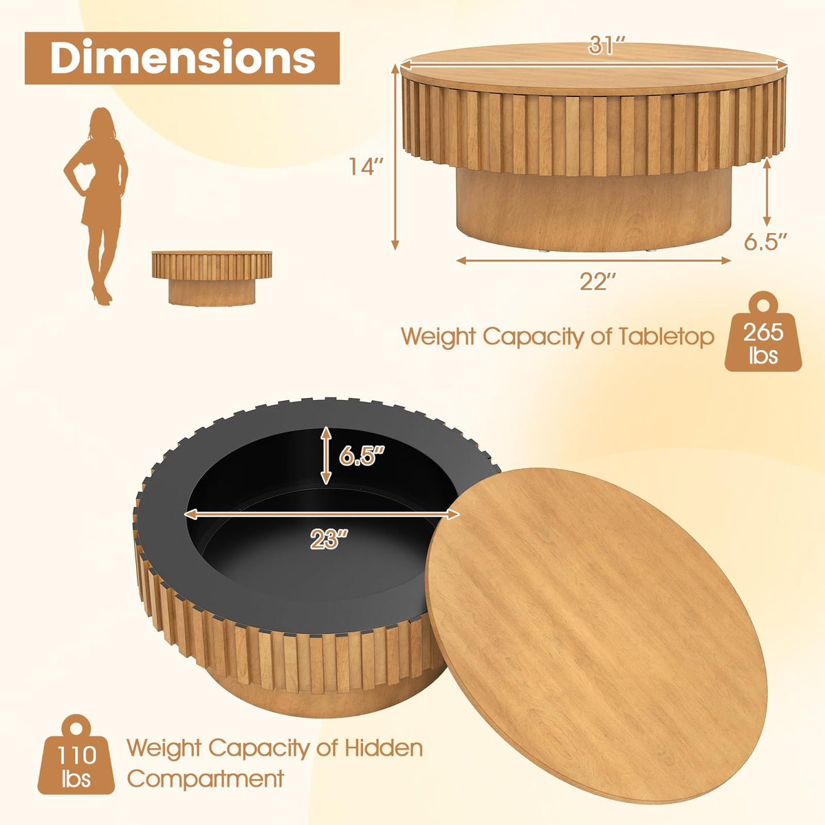 Goflame Round Coffee Table with Storage | Modern Drum Fluted Center Table with Solid Wood Veneered