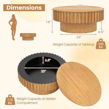 Goflame Round Coffee Table with Storage | Modern Drum Fluted Center Table with Solid Wood Veneered