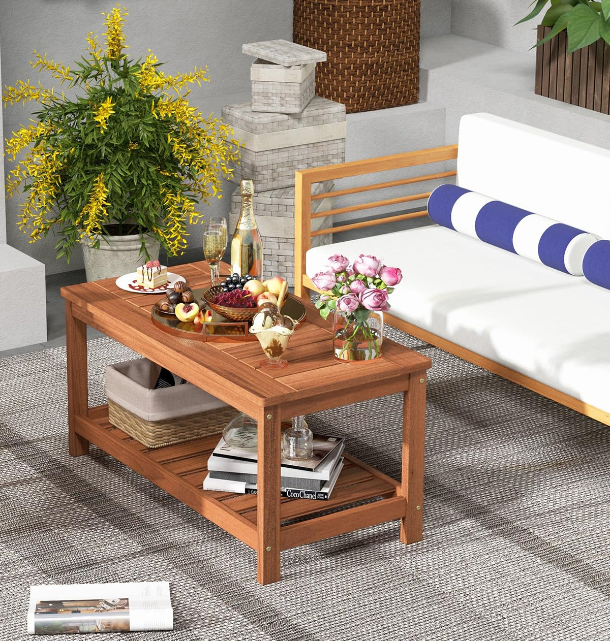 Goflame Hardwood Patio Coffee Table - 2-Tier Wooden Coffee Table