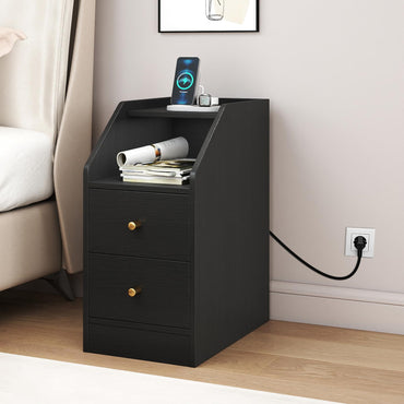 Goflame Side End Table with Charging Station Sofa Couch Table with Shelf Drawers