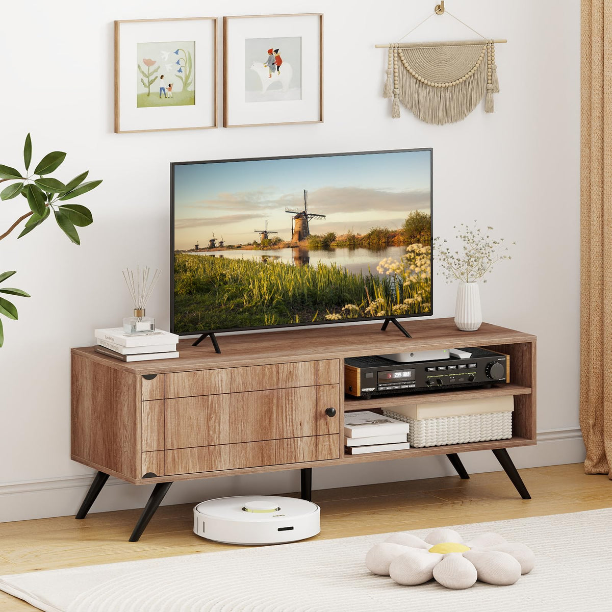 Goflame Mid-Century Modern Entertainment Center with Storage Cabinet