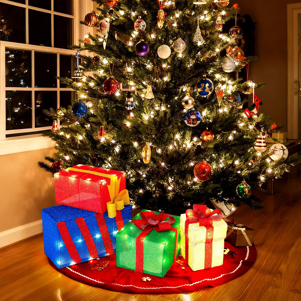 Goflame Christmas Lighted Gift Boxes Set of 4 | Light Up Present Boxes with Colorful Bows