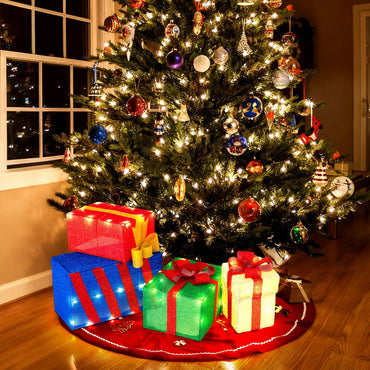 Goflame Christmas Lighted Gift Boxes Set of 4 | Light Up Present Boxes with Colorful Bows