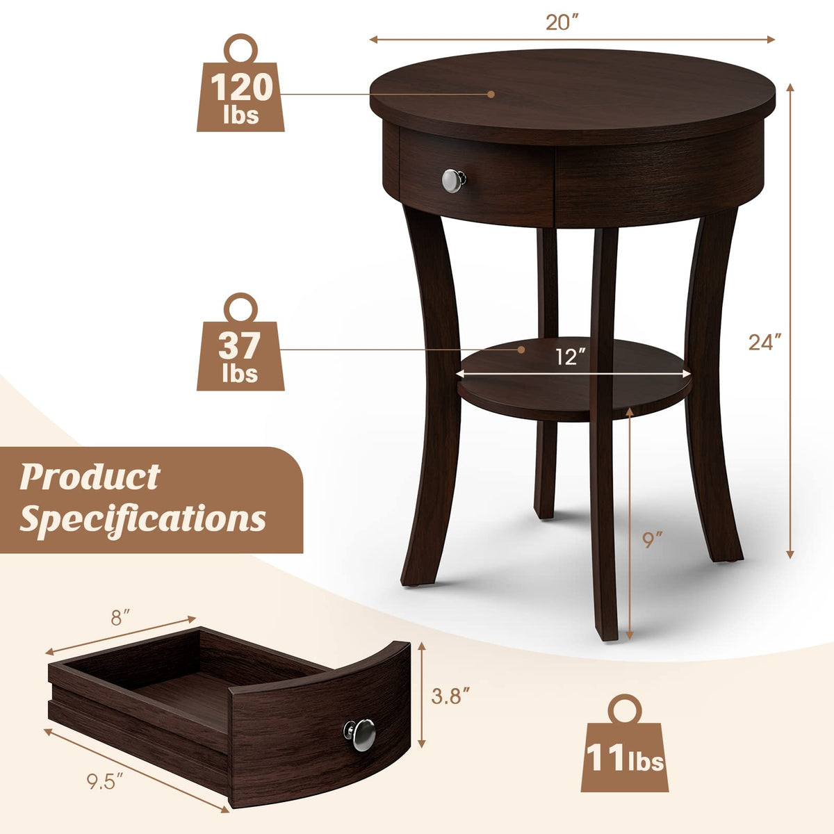 Goflame Round End Table with Drawer, 2-Tier Wood Side Table w/Open Shelf