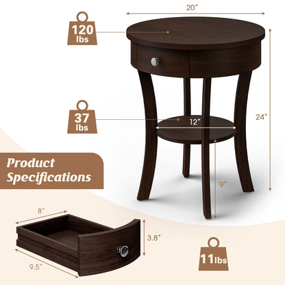Goflame Round End Table with Drawer, 2-Tier Wood Side Table w/Open Shelf