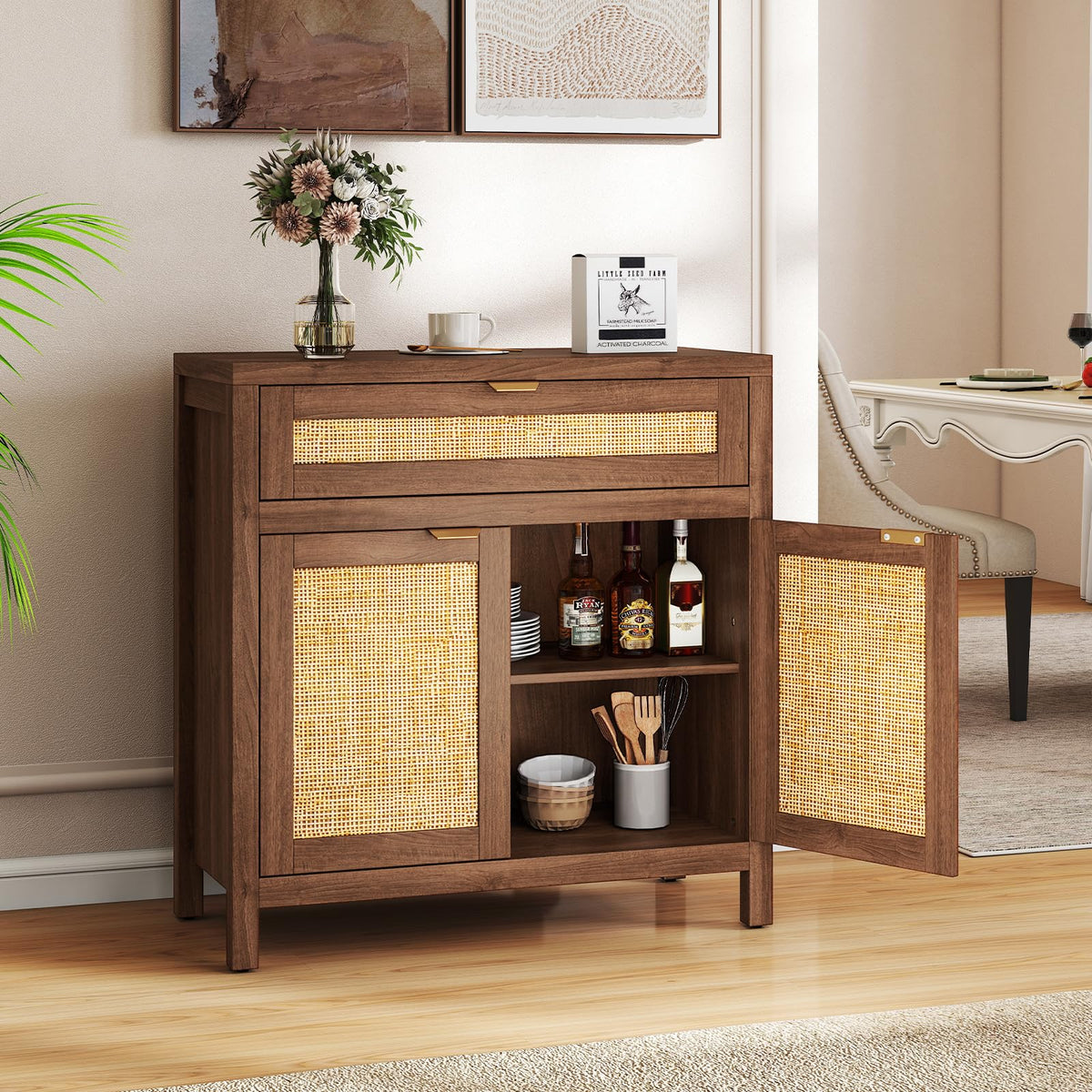 Goflame Sideboard Buffet Cabinet Rustic Rattan Storage Cabinet w/ 2 Doors