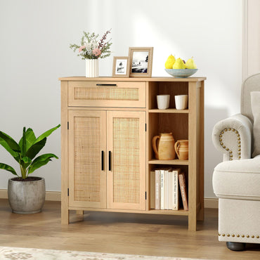 Goflame Buffet Cabinet with 2 Doors, Drawer 3 Open Cubbies Adjustable Shelf (Natural)