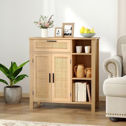 Goflame Buffet Cabinet with 2 Doors, Drawer 3 Open Cubbies Adjustable Shelf (Natural)