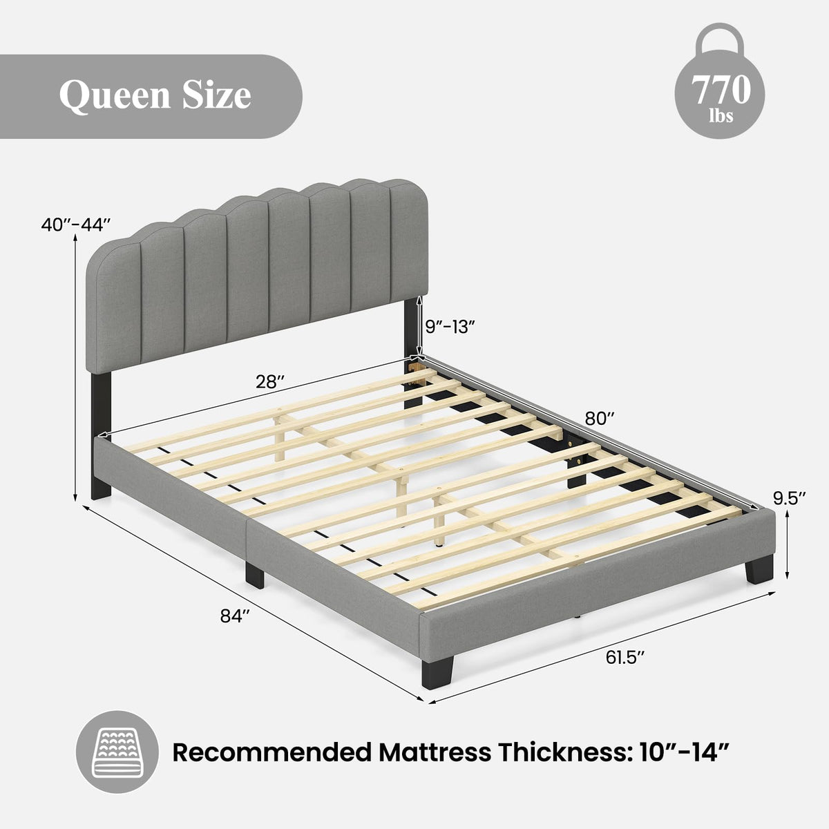Goflame Queen Bed Frame Linen Upholstered Platform Bed with Adjustable Scalloped Tufted Headboard