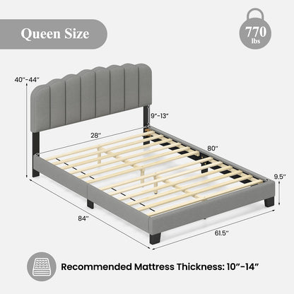 Goflame Queen Bed Frame Linen Upholstered Platform Bed with Adjustable Scalloped Tufted Headboard