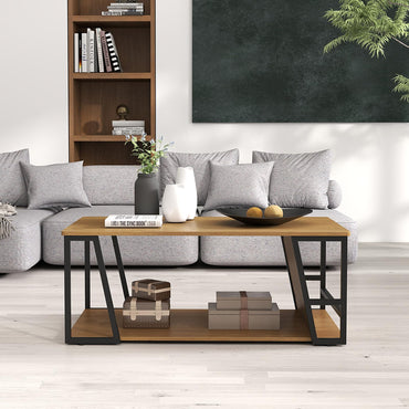 Goflame Rectangle Coffee Table 2-tier Industrial Accent Table with Storage Shelf and Compartment