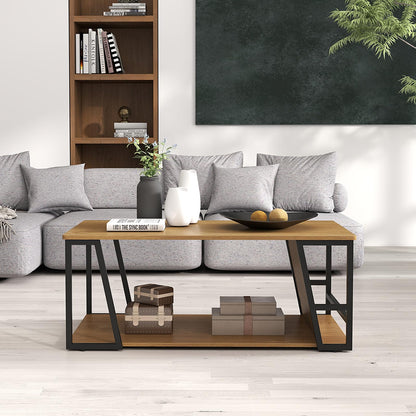 Goflame Rectangle Coffee Table 2-tier Industrial Accent Table with Storage Shelf and Compartment
