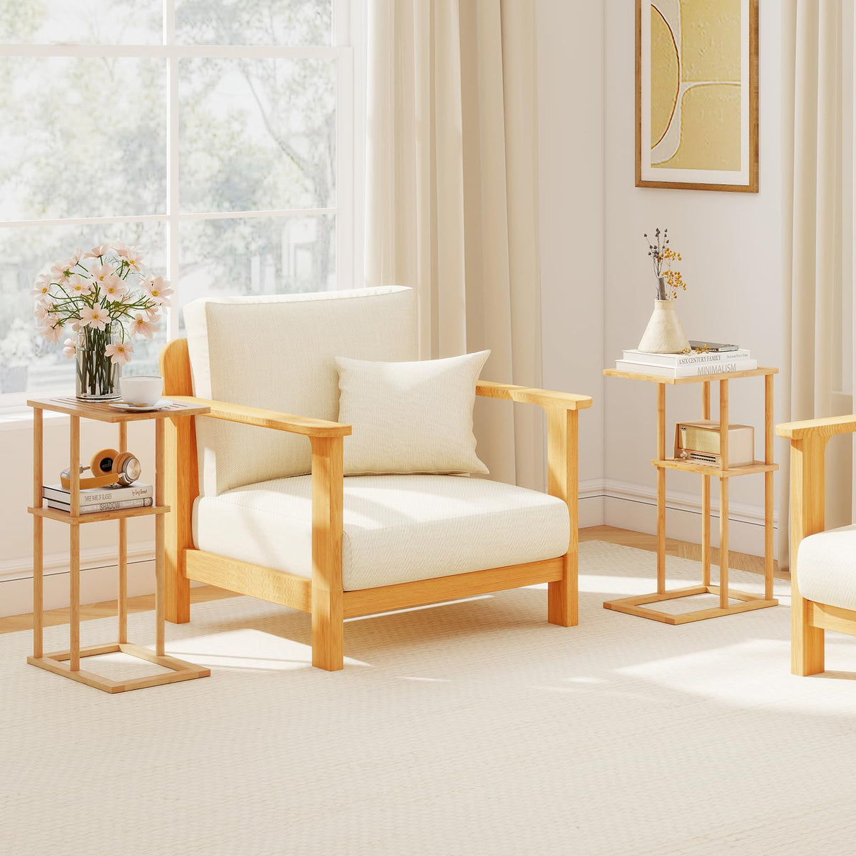 Goflame Side Table Set of 2 with Storage Shelves and Bamboo Construction