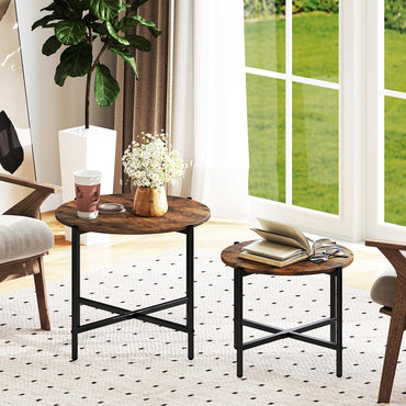 Goflame Round Coffee Table Set of 2, Nesting Tables with Metal Frame, Imitated Wood Grain Top