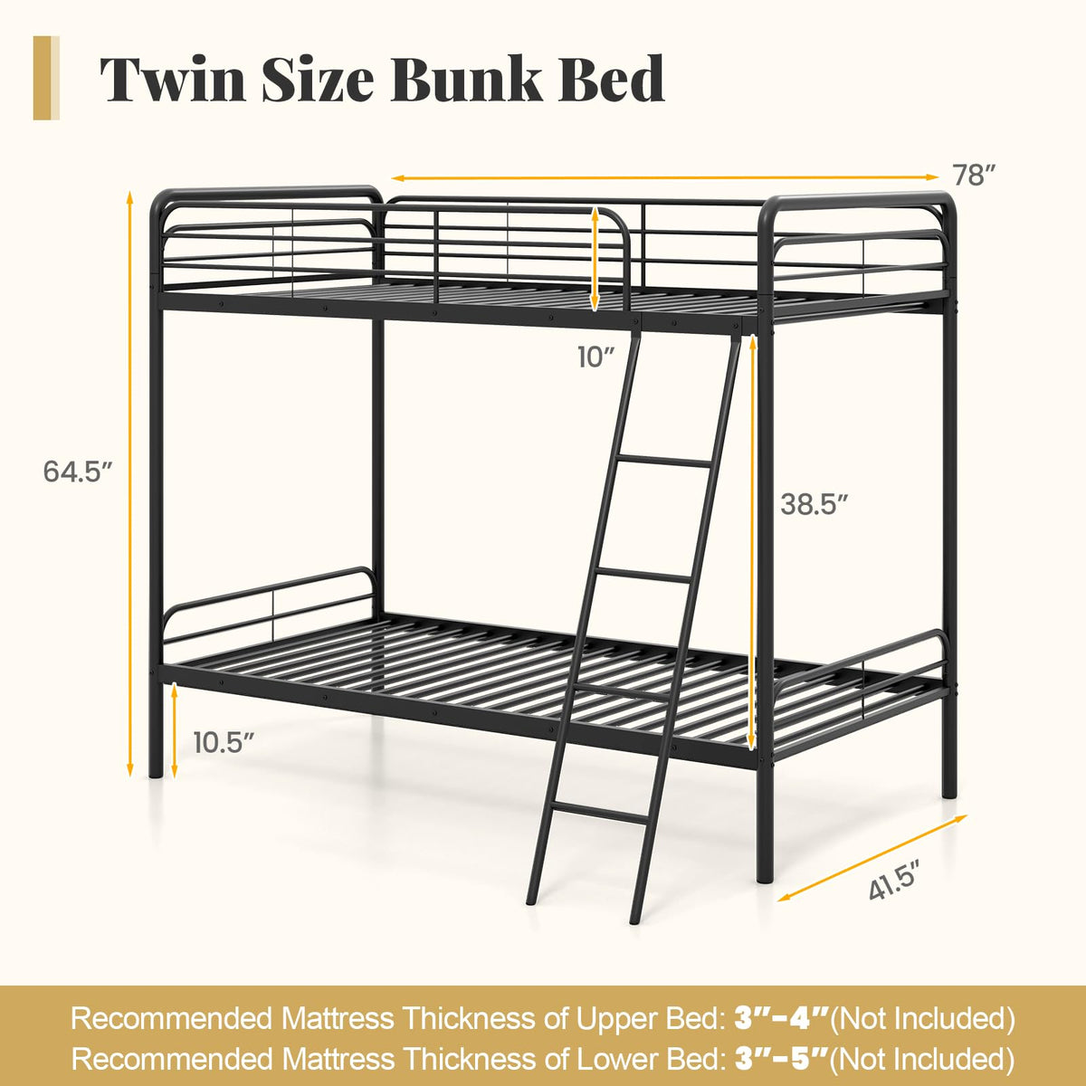 Goflame Metal Bunk Bed Twin Over Twin, Heavy Duty Twin Bunk Beds with Inclined Ladder & Safety Guardrails