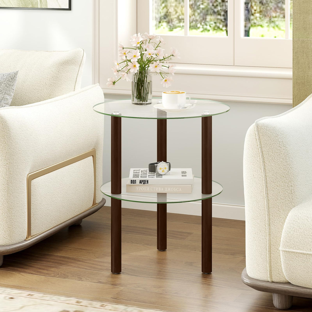 Goflame Round/Square 2-Tier Sofa Side Table with Clear Tempered Glass Top & Shelf (1/2)