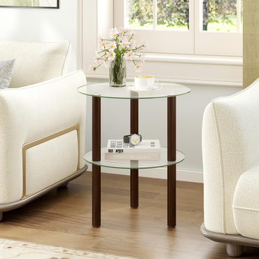 Goflame Round/Square 2-Tier Sofa Side Table with Clear Tempered Glass Top & Shelf (1/2)