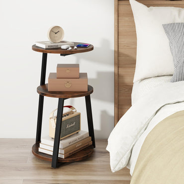Goflame Round End Table, Industrial Side Table with Sturdy Metal Frame, Coffee Table, 3-Tier Bedside Table for Bedroom, Living Room