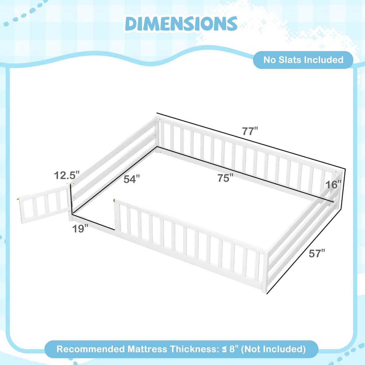 Goflame Floor Bed with Door & Fence Kids Wood Montessori Beds with Safety Guardrails