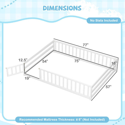 Goflame Floor Bed with Door & Fence Kids Wood Montessori Beds with Safety Guardrails