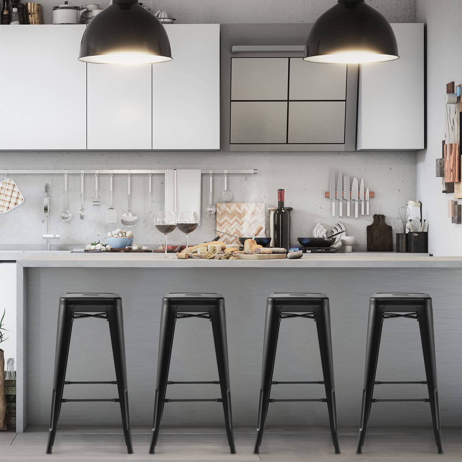 Bar Stools Set of 4, 24” or 30" Stackable Metal Stools with Square Seat & Handing Hole, X-shaped Reinforced Design