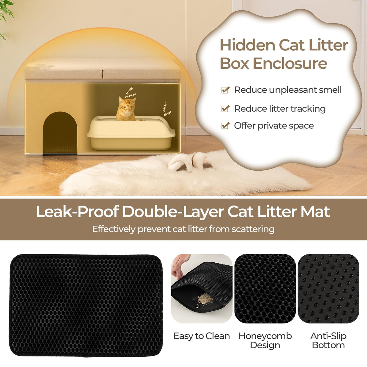 Goflame Cat Litter Box Enclosure - Hidden Cat Litter Box Furniture Ottoman