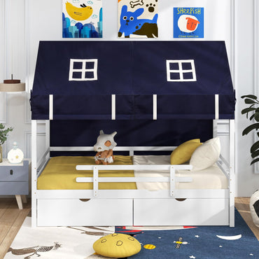 Goflame Twin House Bed with Tent, Wood Kids Bed with 2 Storage Drawers, Solid Wood Daybed Frame with Rails and Roof