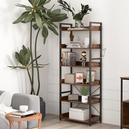 Goflame Industrial 6-Tier Bookshelf, 70" Tall Freestanding Storage Display Shelf with 4 Hooks