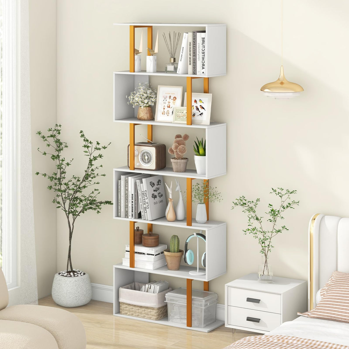 Goflame 6-Tier Modern S-Shaped Bookshelf with Anti-Tipping Kits