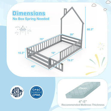 Goflame Twin Floor Bed, House-Shaped Montessori Bed Frame with Headboard, Full-Length Guardrail