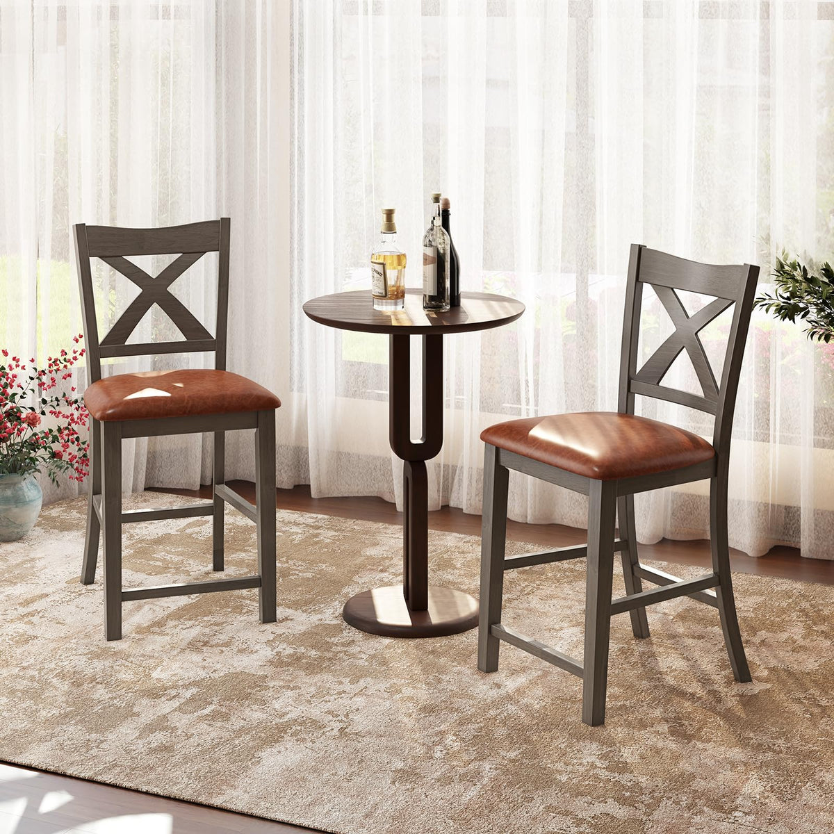 Goflame 24" Bar Stools Set of 2/4, Counter Height Bar Stools with Cross Back & Faux Leather Upholstered Seat