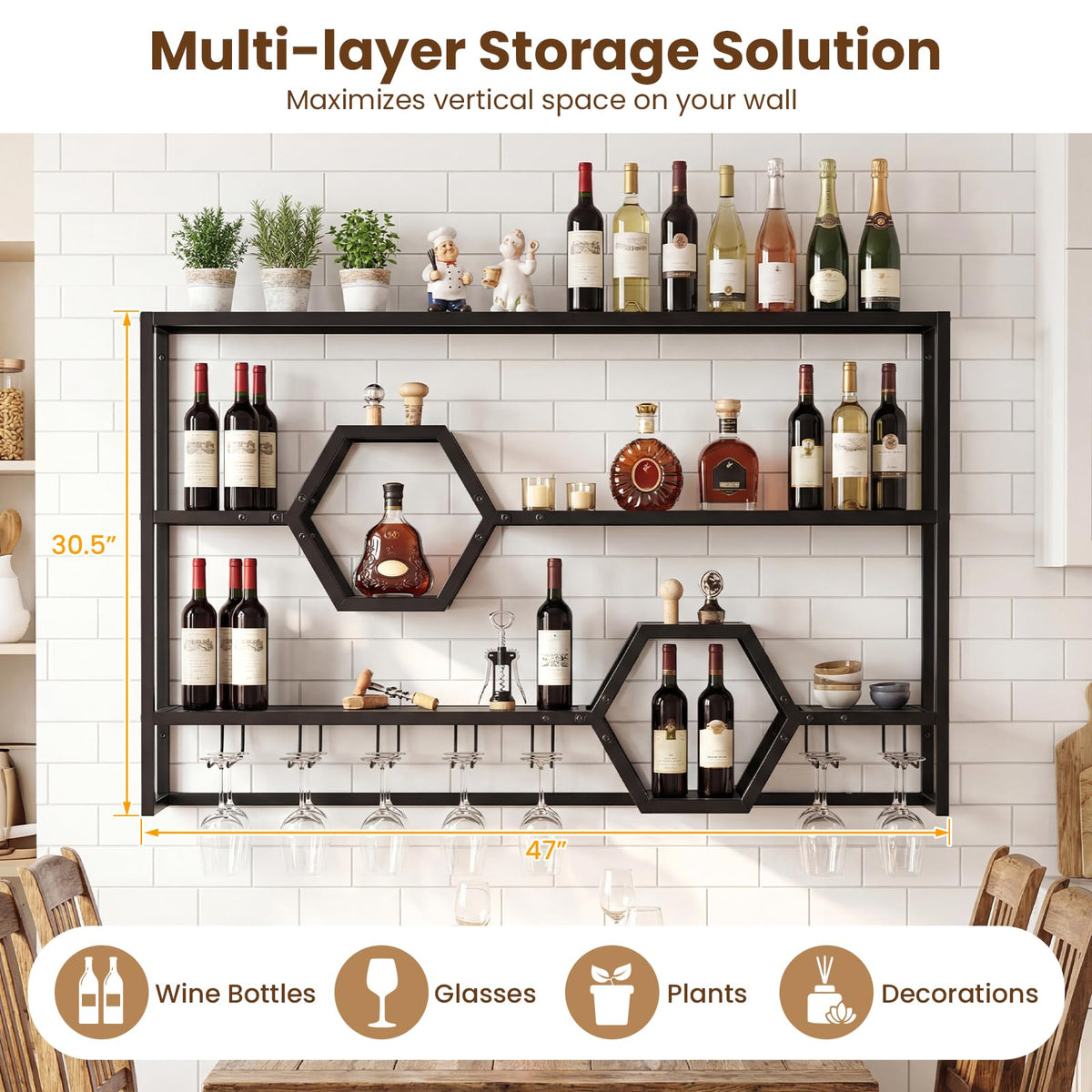 Goflame Wall Mounted Wine Rack 47” Large Floating Bar Shelves