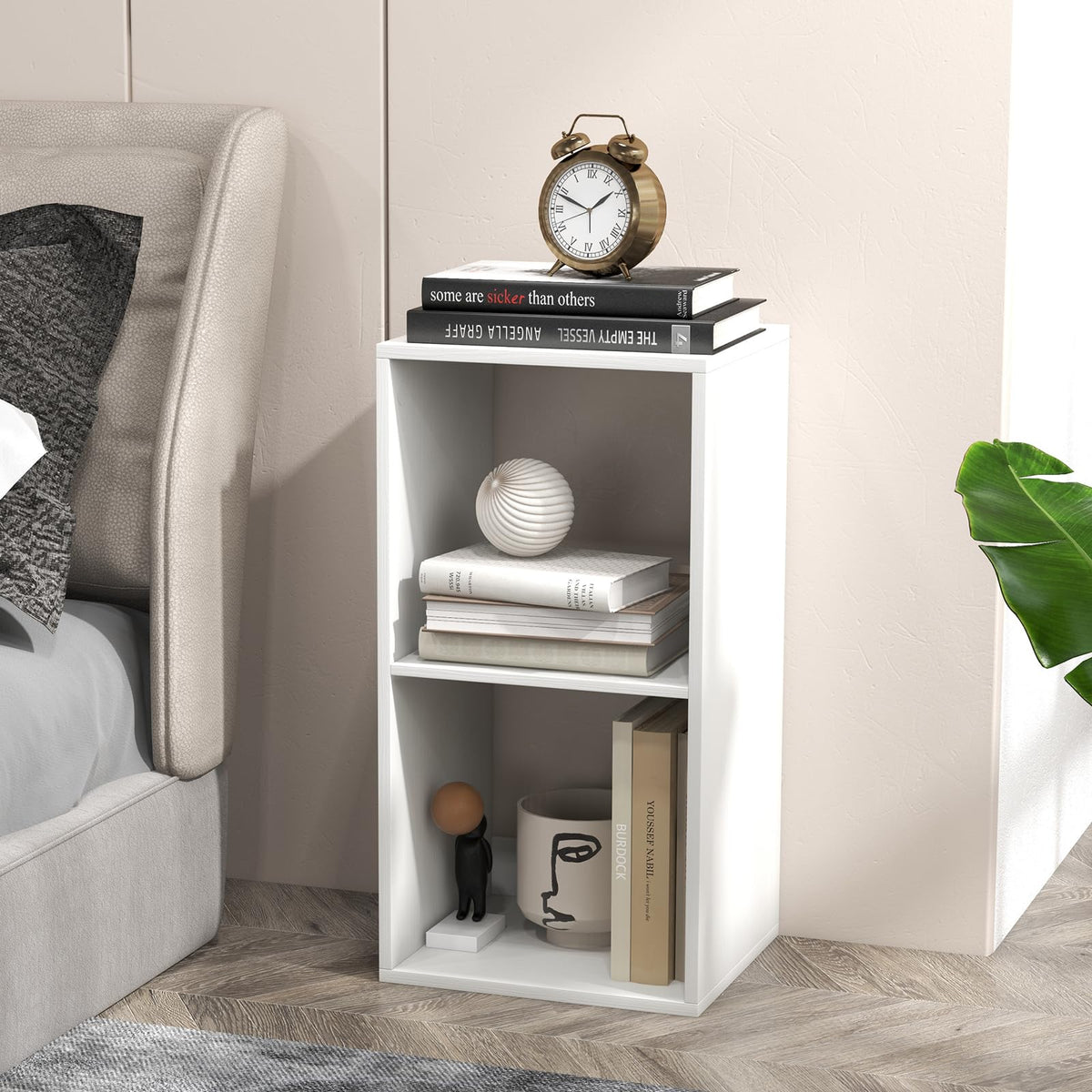 Goflame 2-Cube Bookcase, White Cubby Bookshelf w/Back Guardrail & Anti-Tipping Kits