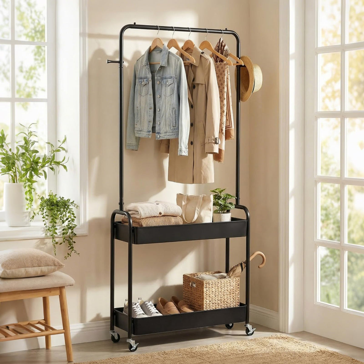 Goflame Heavy-Duty Rolling Clothes Rack with 2 Storage Baskets & Side Hooks