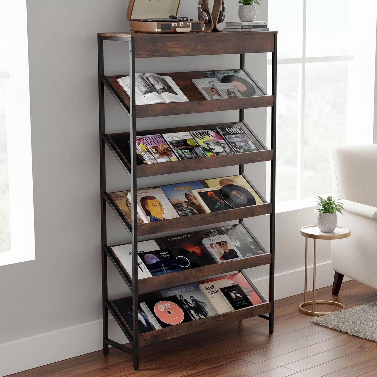 Goflame 6-Tier Industrial Tall Bookcase with Angled Shelves and Metal Frame