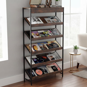 Goflame 6-Tier Industrial Tall Bookcase with Angled Shelves and Metal Frame