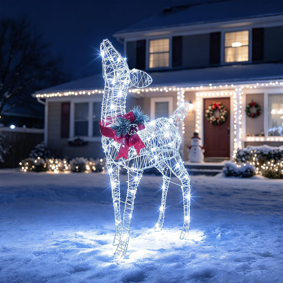Goflame Christmas Pre-Lit Reindeer | 50 Cold White LED Lights & Red Bow Stakes & Zip Ties Included